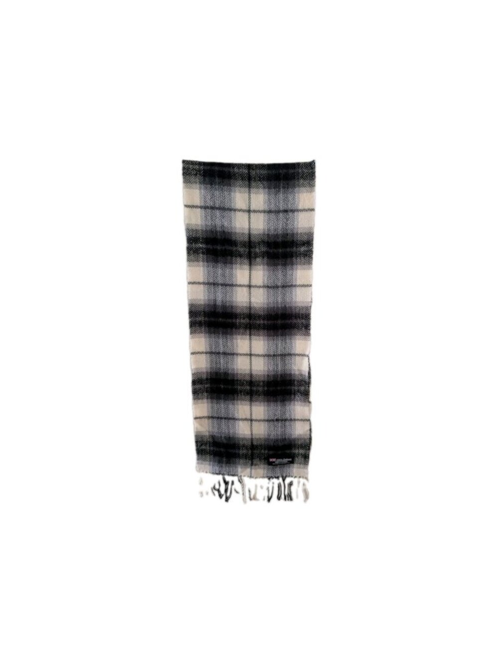 100% Cashmere Scarf Made in Scotland Plaid Chevron Herringbone Fringe Gray Black